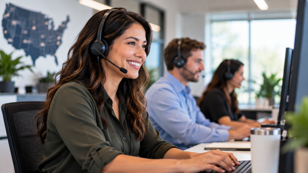 Customer service agent wearing a headset for affordable answering service pricing