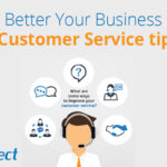 Illustration of a customer service representative with icons and text promoting tips to improve customer service, featuring the TeleDirect logo.