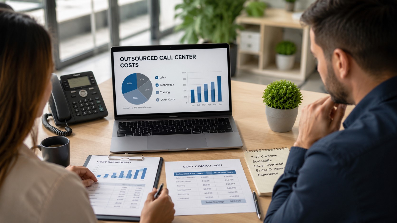 Business reviewing different outsourced call center pricing models